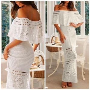 New Crochet Lace Off Shoulder Popover Ruffle Knit Maxi Dress Bodycon White